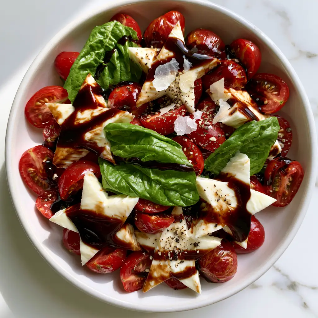 Close up of glossy mahogany balsamic glaze drizzled over star-shaped fresh mozzarella in a patriotic caprese salad.