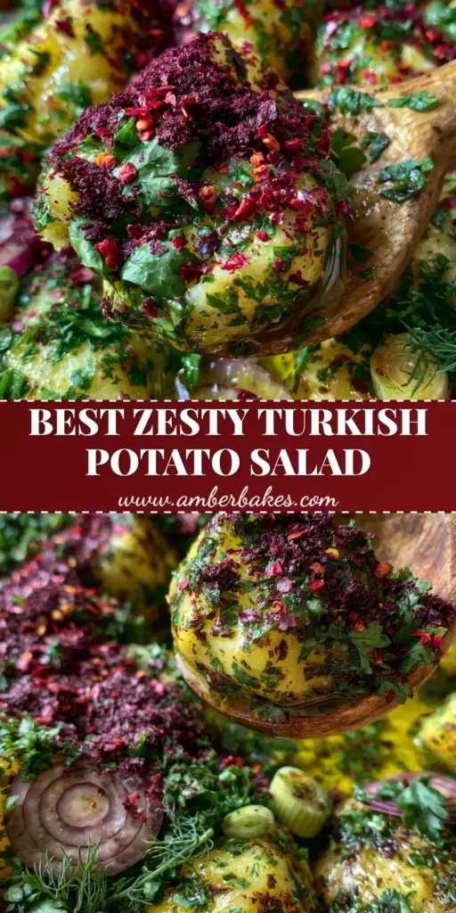 A rustic terracotta bowl filled with glistening Turkish potato salad, featuring gold potatoes, fresh herbs, and a heavy dusting of burgundy sumac.