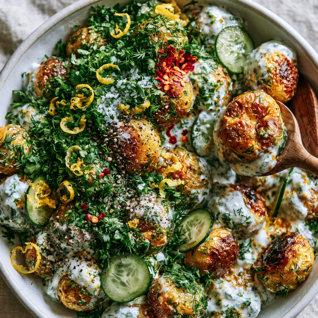 A wooden spoon lifting a perfectly coated roasted potato from a bowl of Tzatziki potato salad garnished with dill and lemon zest.