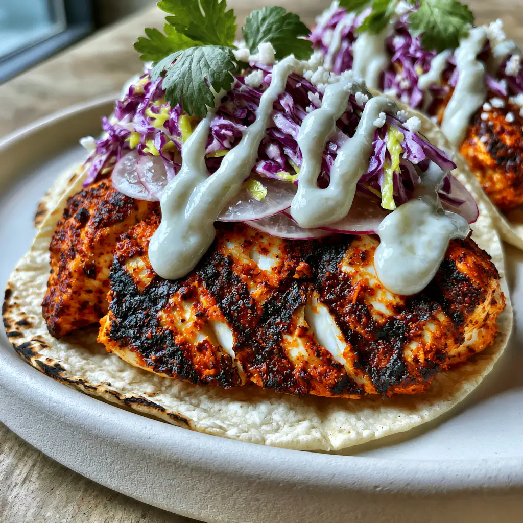 Top-down view of three grilled fish tacos on a white plate with translucent radishes and fresh cilantro leaves. (grilled fish tacos)