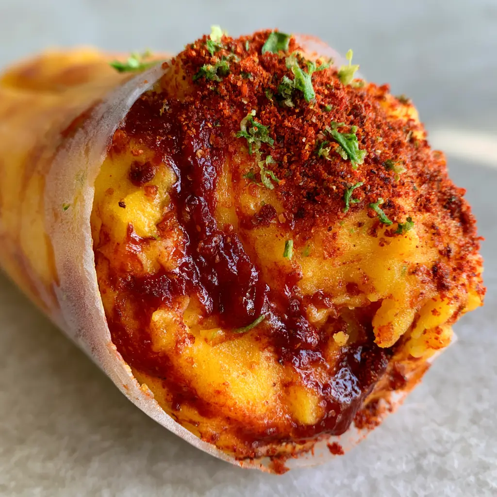 A handheld gourmet mango hielito showing the rich orange base and dark red chamoy streaks against a grey background. (bolis mango-chile)