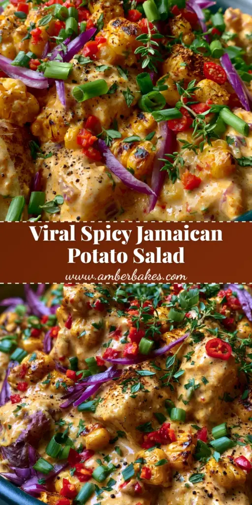 Jamaican Jerk Potato Salad with Charred Corn and Scotch Bonnet 4 A top-down view of Jamaican jerk potato salad in a teal bowl, showing chunky red-skin potatoes, charred corn, and fresh herbs.
