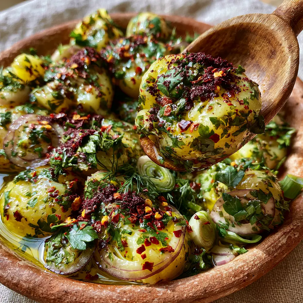 Handheld photo of a wooden spoon lifting a portion of authentic Turkish potato salad with lemon and oil dressing.