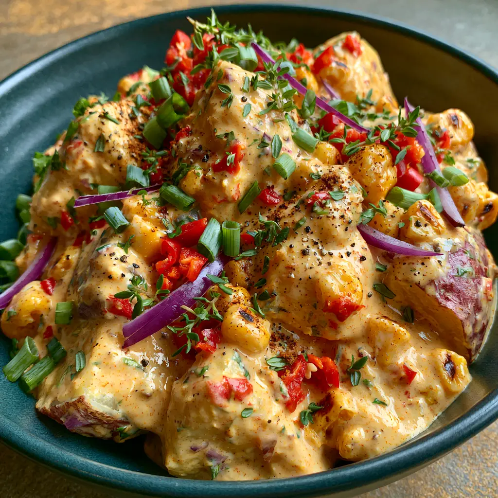 Jamaican Jerk Potato Salad with Charred Corn and Scotch Bonnet 2 Macro shot of chunky red-skin potatoes in a pale-orange jerk sauce with charred corn and red scotch bonnets. (Jamaican jerk potato salad)