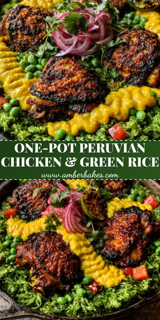 Top-down view of Peruvian chicken and rice in a cast iron skillet with crispy chicken, green rice, and yellow sauce drizzle. (Peruvian chicken and rice)