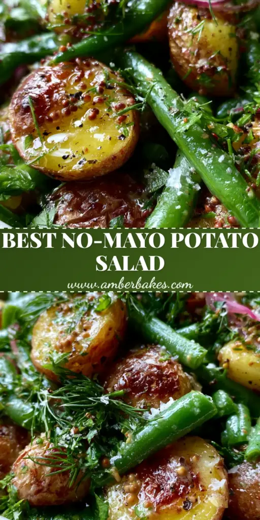 A close-up of a Potato and Green Bean Salad featuring roasted red potatoes, blanched green beans, and a grainy mustard vinaigrette in a white bowl.