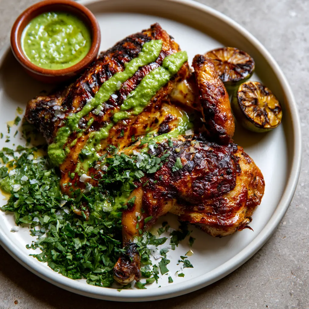 Peruvian Grilled Chicken with Emerald Aji Verde Sauce 2 Close up shot of crispy mahogany skin on Peruvian grilled chicken with charred lime halves and cilantro garnish.