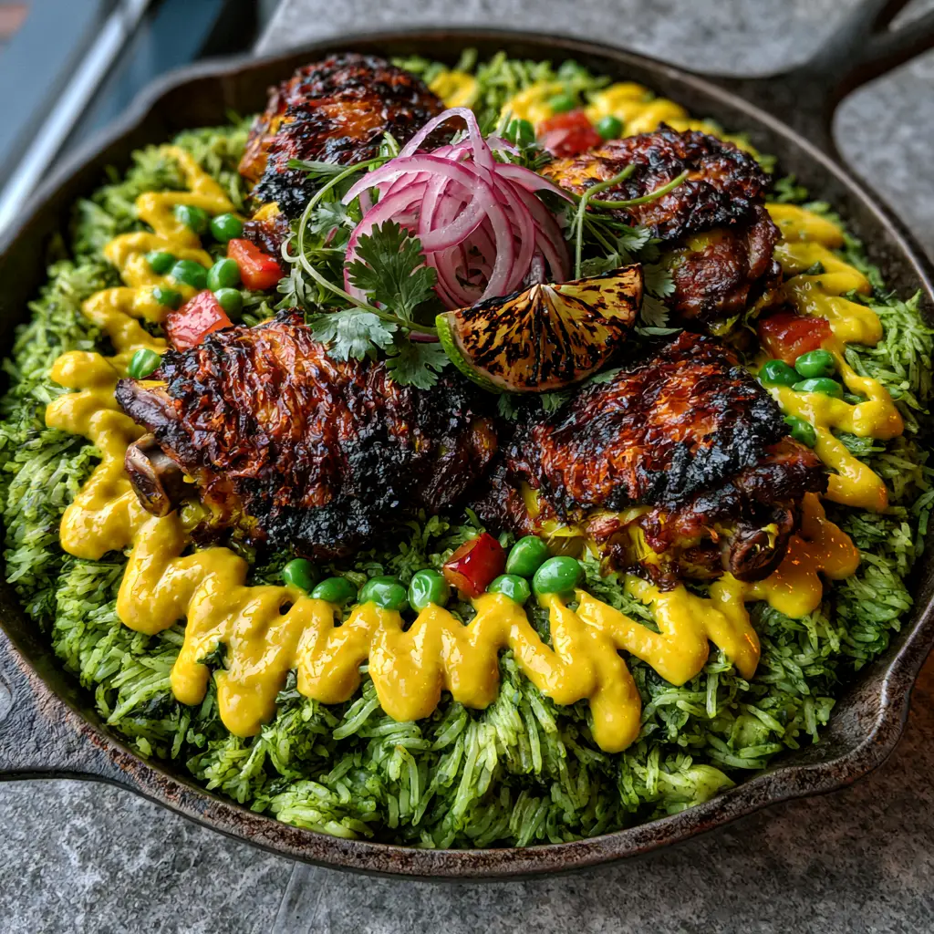 Vibrant emerald green rice with red peppers and peas in a black skillet. (Peruvian chicken and rice)