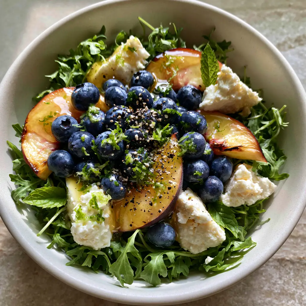 Blueberry Peach Feta Salad with Honey Lime Vinaigrette 1 Wide shot of Blueberry Peach Feta Salad showing the translucent honey lime vinaigrette and lime zest flecks.