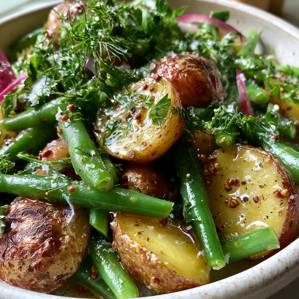 A rustic bowl of Potato and Green Bean Salad garnished with a forest of fresh dill and parsley slivers.
