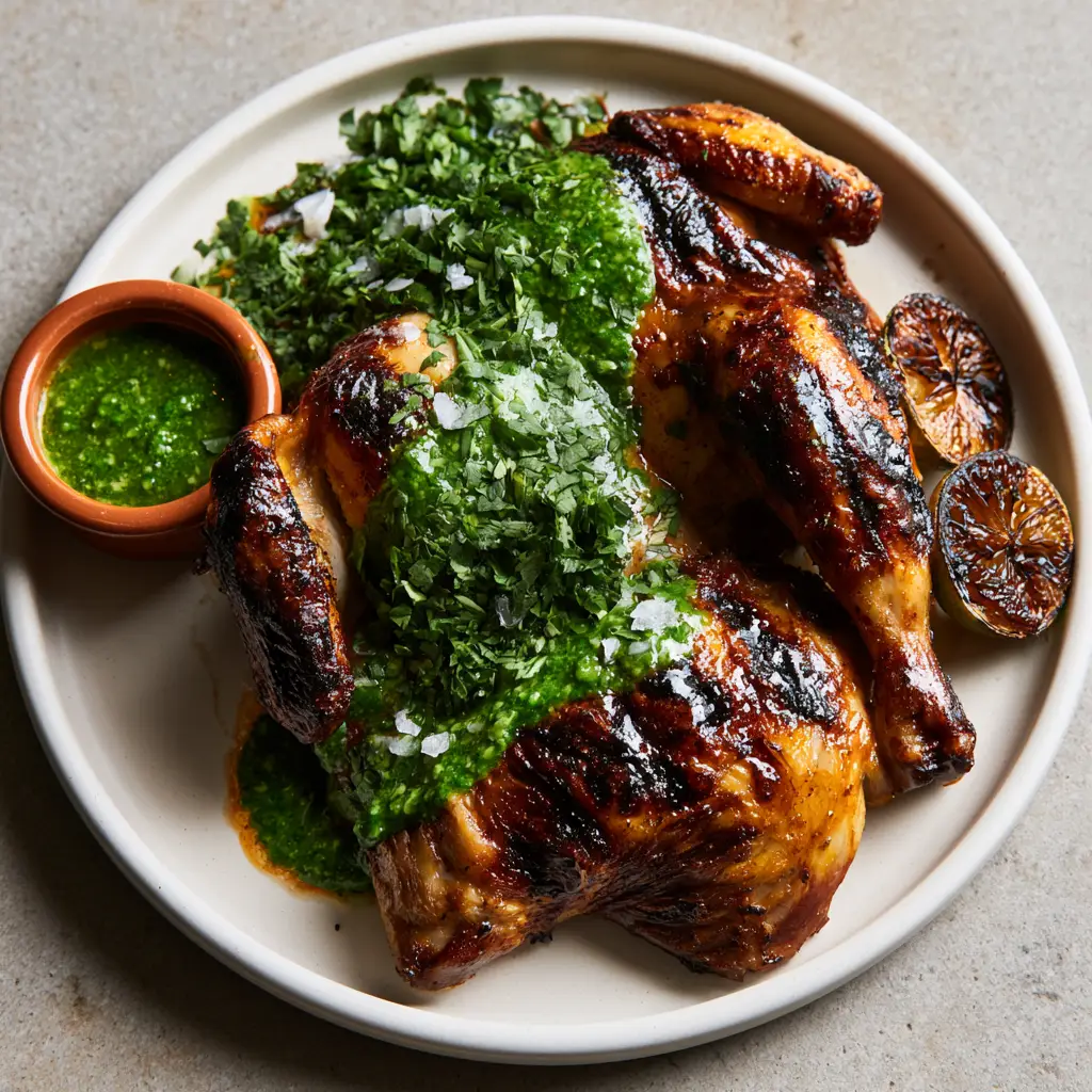 Peruvian Grilled Chicken with Emerald Aji Verde Sauce 1 Top down view of a spatchcocked chicken on a matte white platter drizzled with emerald green Aji Verde sauce.