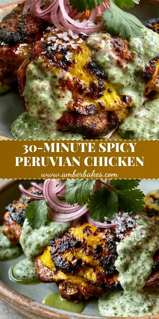 Spicy Peruvian Amarillo Chicken with Creamy Aji Verde Sauce 4 A rustic plate of Spicy Peruvian Amarillo Chicken with golden charred skin, creamy green sauce, and red onion curls.