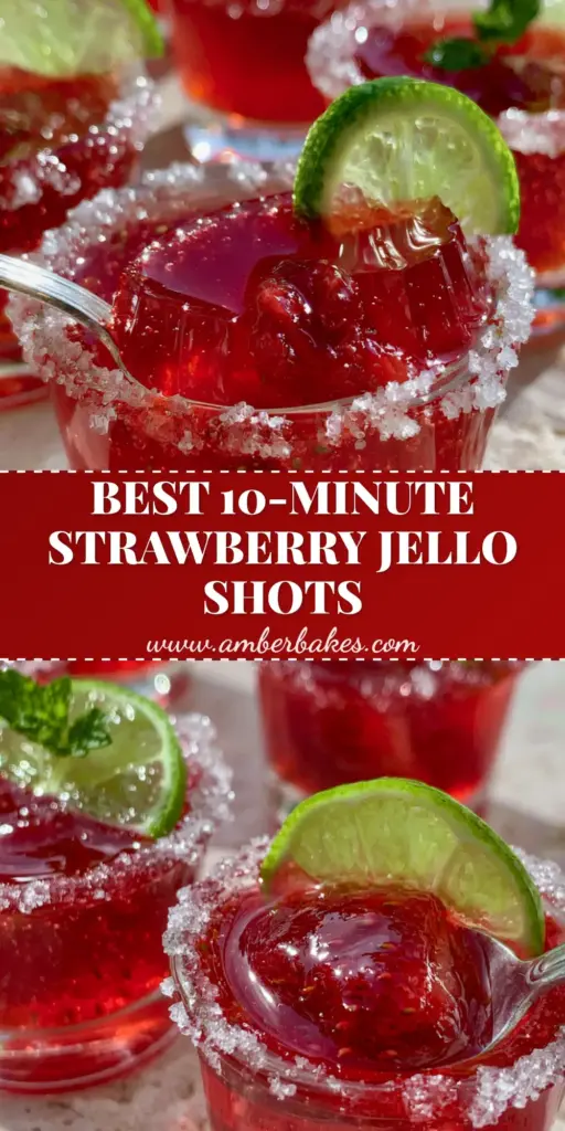 A close-up of several Strawberry Daiquiri Jello Shots in elegant glasses with sugar rims and lime garnishes on a stone patio.
