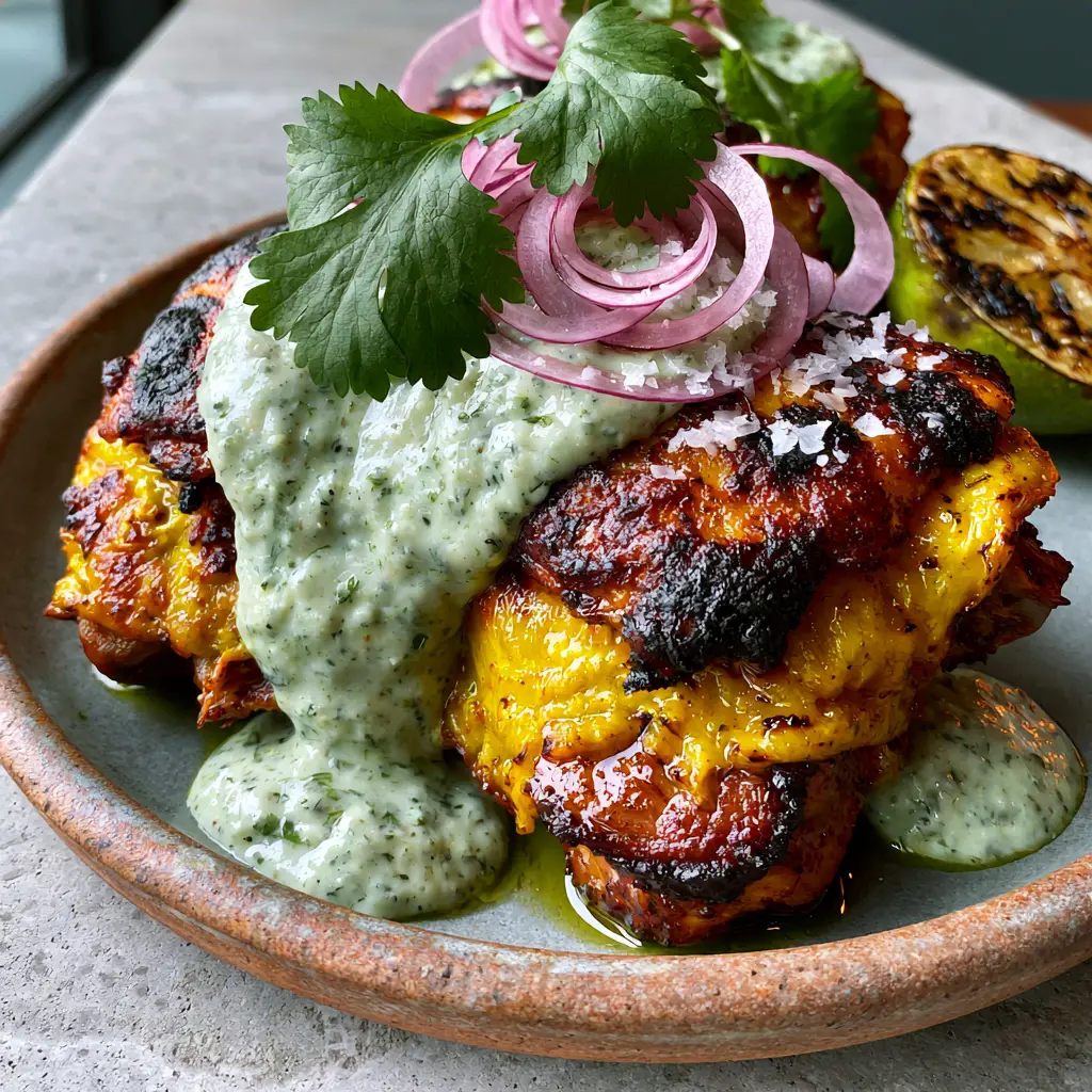 Spicy Peruvian Amarillo Chicken with Creamy Aji Verde Sauce 2 Close-up of pan-seared chicken thighs with golden-orange char and thick pale-green aji verde sauce. (Spicy Peruvian Amarillo Chicken)