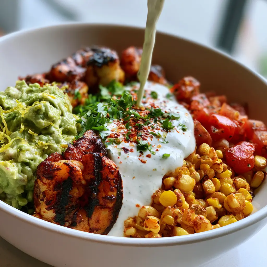 A thick stream of creamy cilantro-lime dressing being poured over Grilled Shrimp and Avocado Bowls.