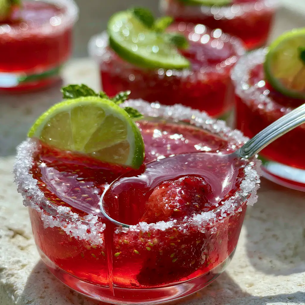 Macro photo of crystal-clear ruby red Strawberry Daiquiri Jello Shots with a visible strawberry seed suspension.