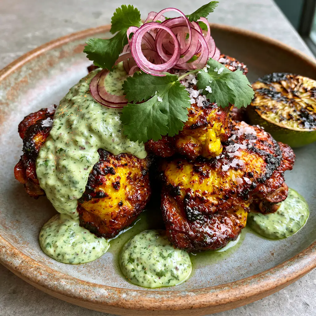 Spicy Peruvian Amarillo Chicken with Creamy Aji Verde Sauce 1 A 45-degree angle shot of Spicy Peruvian Amarillo Chicken topped with paper-thin red onion curls and cilantro.