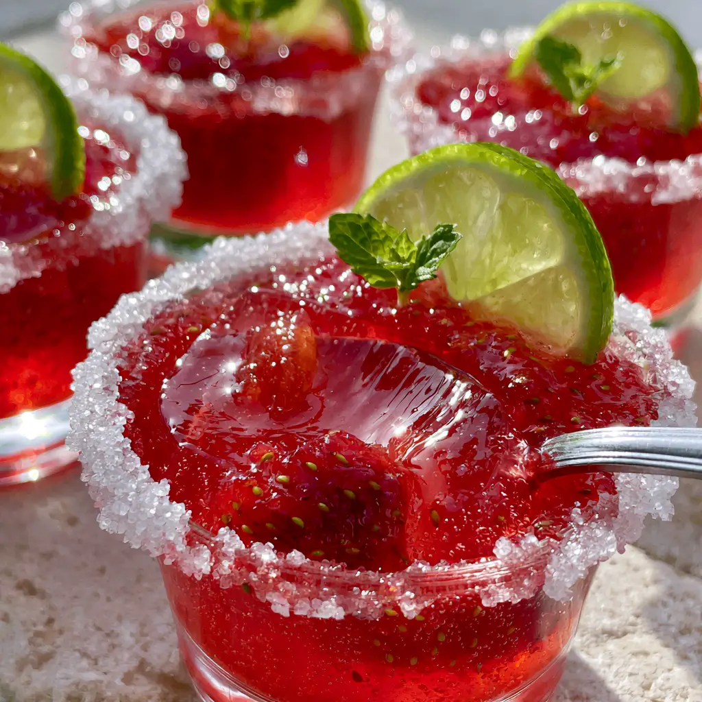 A Strawberry Daiquiri Jello Shot sliced open with a spoon to reveal a macerated strawberry chunk inside.