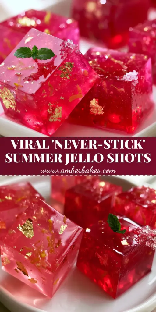 A sleek white platter filled with translucent pink and ruby red Summer Jello Shots garnished with mint and gold leaf.