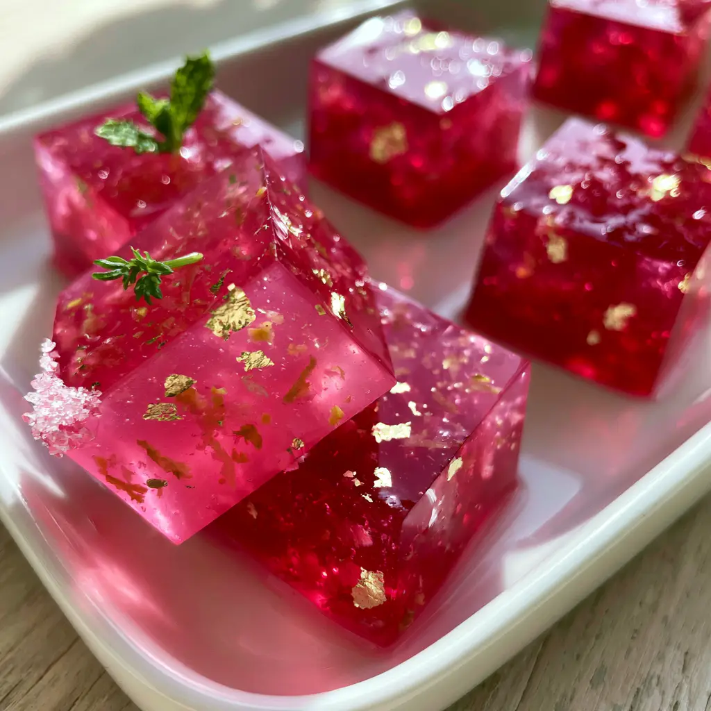 High angle shot of Summer Jello Shots on a white ceramic tray with mint garnish and sanding sugar.