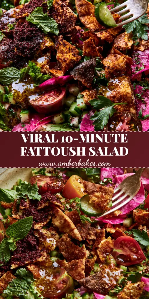 A vibrant Middle Eastern salad (Fattoush) featuring fried pita chips, heirloom tomatoes, and radishes in a rustic cream bowl.