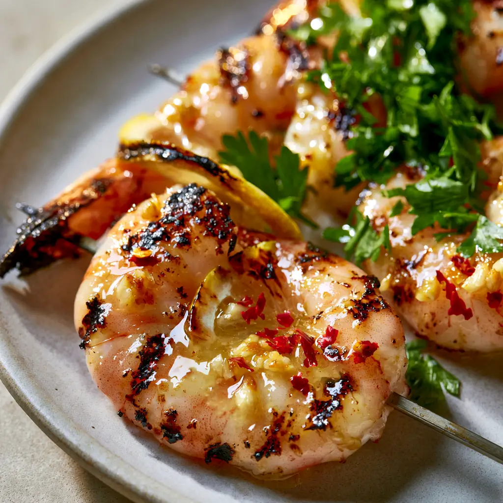 Overhead view of three metal skewers with charred shrimp and lemon slices, garnished with bright green parsley.