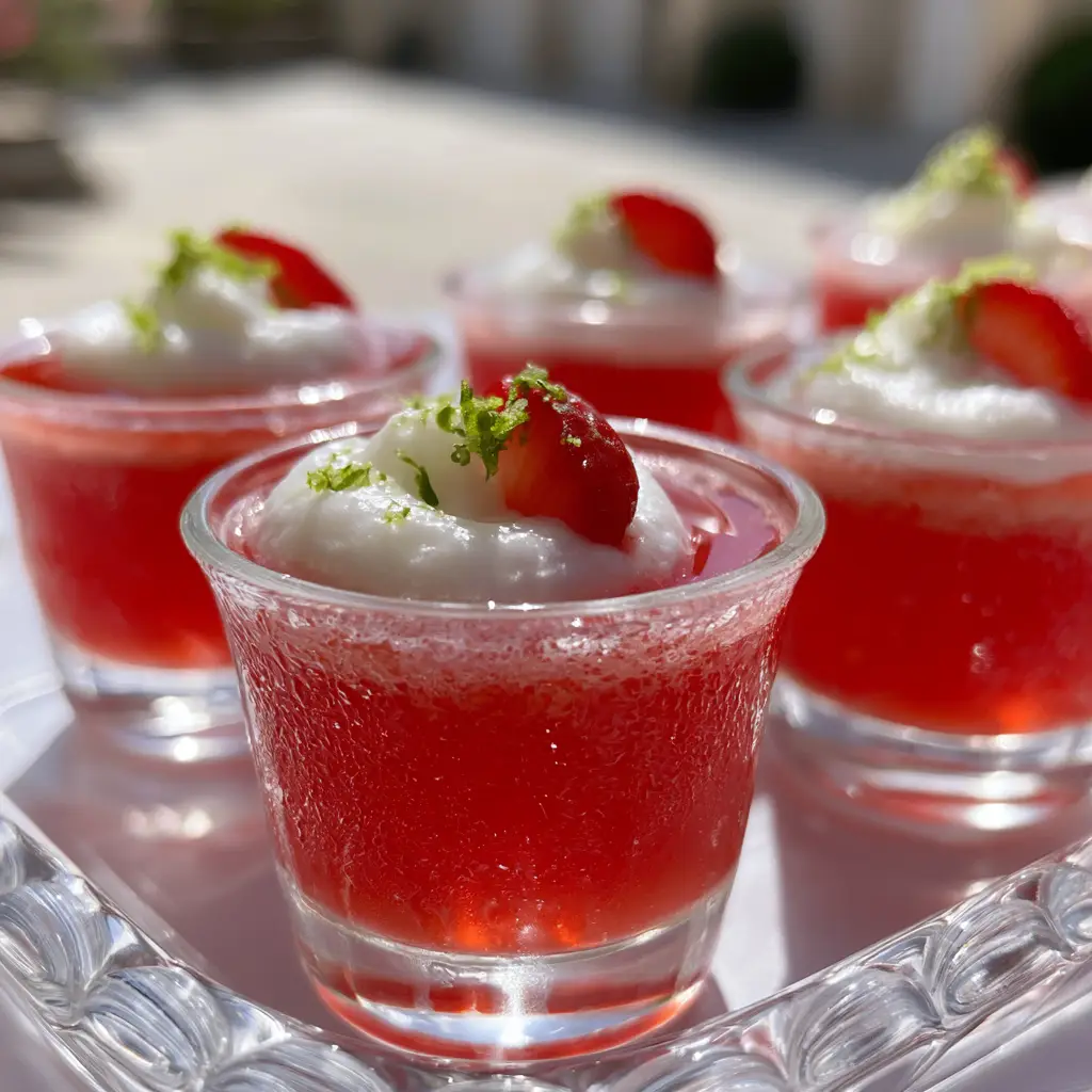 Close-up handheld photo of glowing electric red tiger's blood jello shots in elegant glass votives.