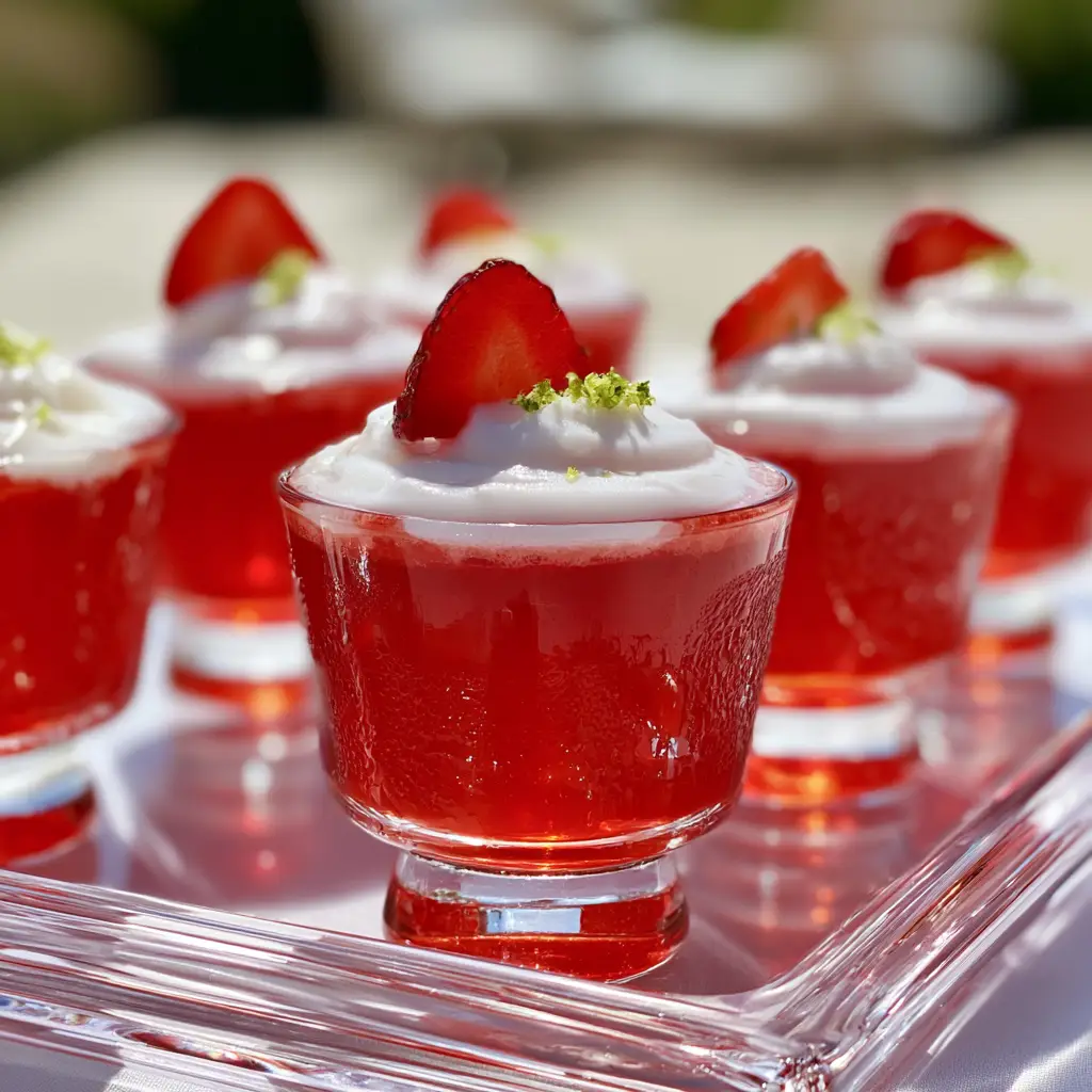 Detail shot of coconut vodka foam swirl topped with lime zest and a micro-sliced strawberry on a jello shot.