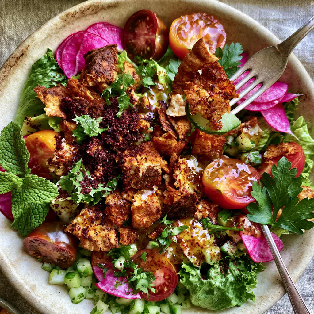 Close-up of a fork lifting a bite of Middle Eastern salad with a golden-brown fried pita chip.