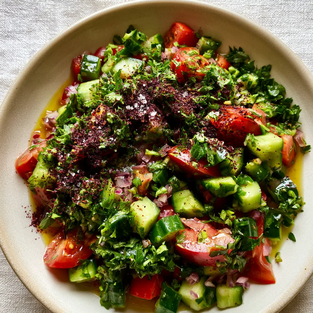 Detailed shot of an Arabic salad showing the glistening coating of olive oil and sumac dusting.