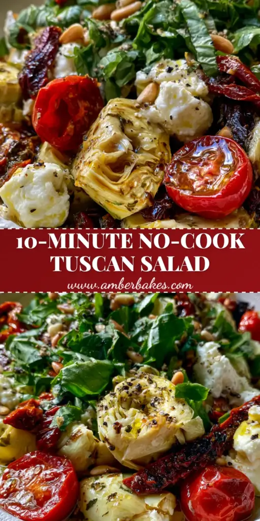 Close-up of a Tuscan artichoke tomato salad in a rustic white bowl with basil ribbons and feta. (Tuscan artichoke tomato salad)