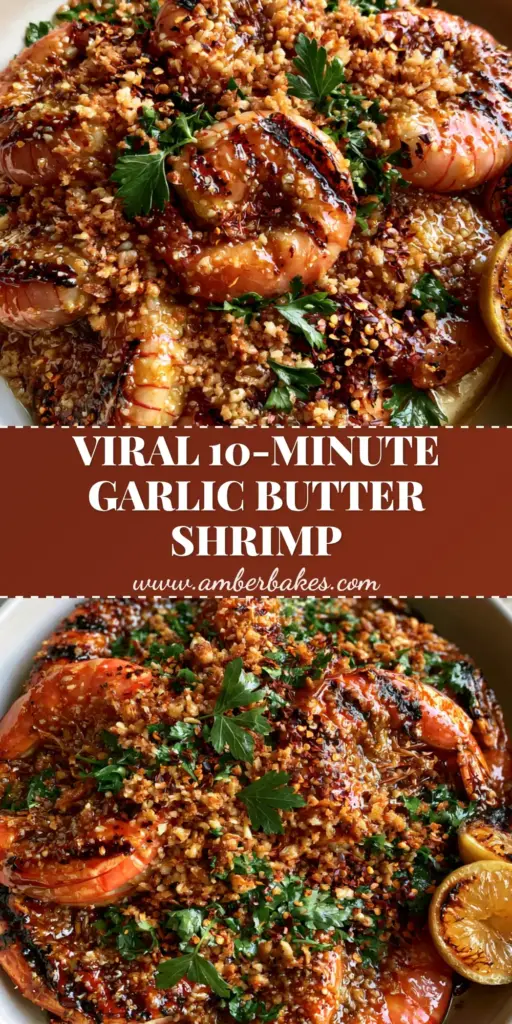A top-down view of a matte-white bowl filled with glossy, charred jumbo shrimp drizzled in garlic butter and topped with parsley. (Grilled shrimp recipe)