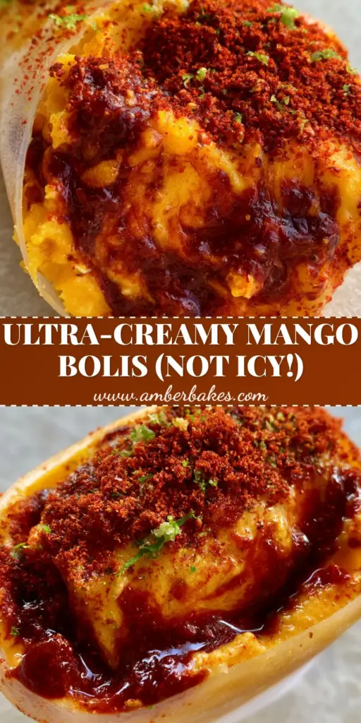 Handheld gourmet bolis mango-chile with deep red chamoy swirls, tajin seasoning, and lime zest in a clear plastic sleeve. (bolis mango-chile)
