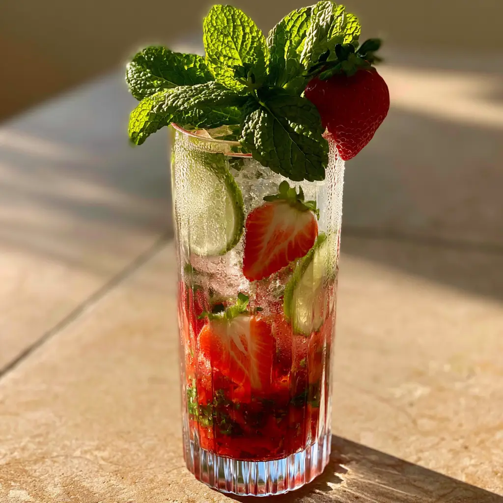 Handheld photo of summer mocktails with a sugar rim and mint sprig garnish against a golden hour background.