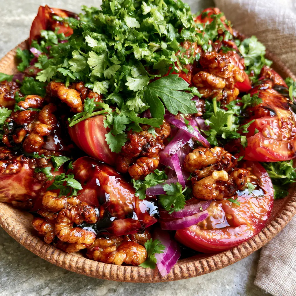 A shallow clay bowl piled high with a Tomato and Walnut Salad garnished with fresh herbs and balsamic glaze.