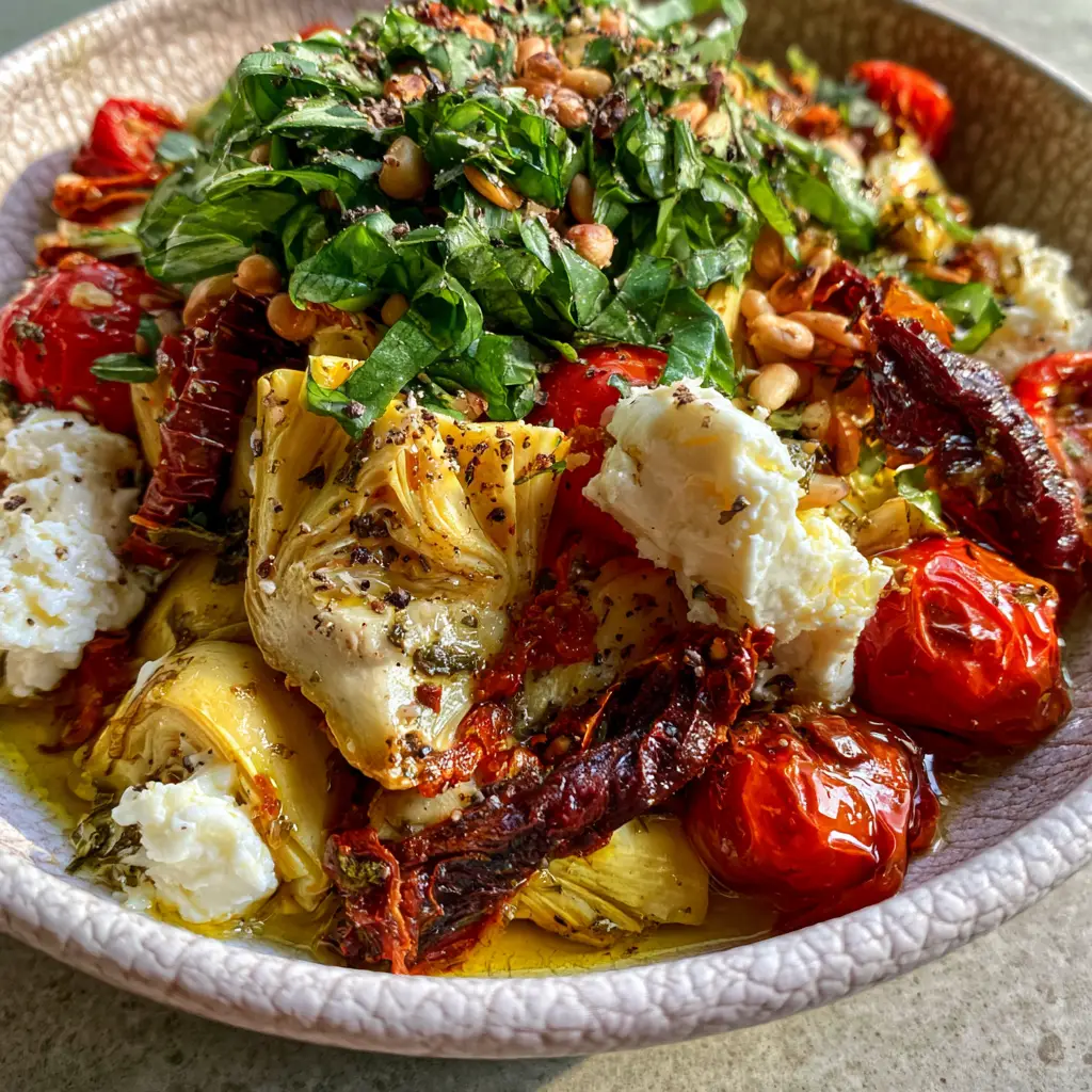 Rustic white ceramic bowl overflowing with artichokes, sun-dried tomatoes, and feta.