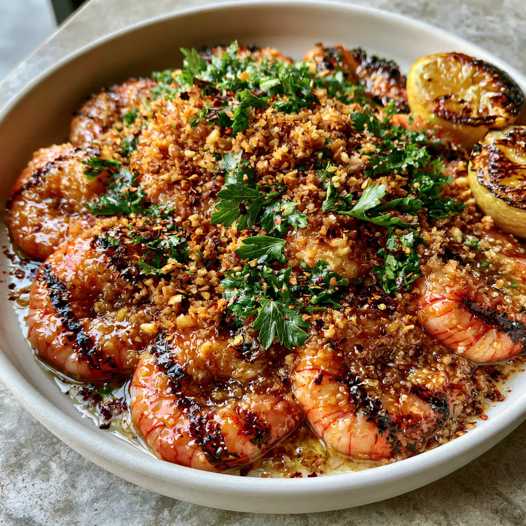 Close up of grilled shrimp topped with golden-brown fried garlic bits and emerald green parsley in a matte white ceramic bowl.