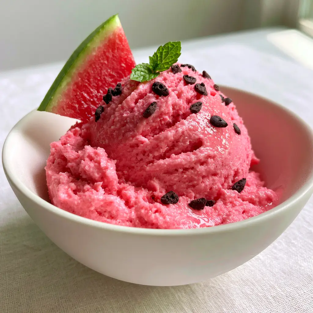 A paper-thin watermelon wedge and mint leaf garnish on a glossy pink ice cream scoop.