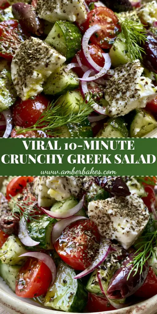 A close-up vertical shot of a Greek cucumber salad in a rustic cream bowl, showing thick-cut Persian cucumbers, feta blocks, and kalamata olives.