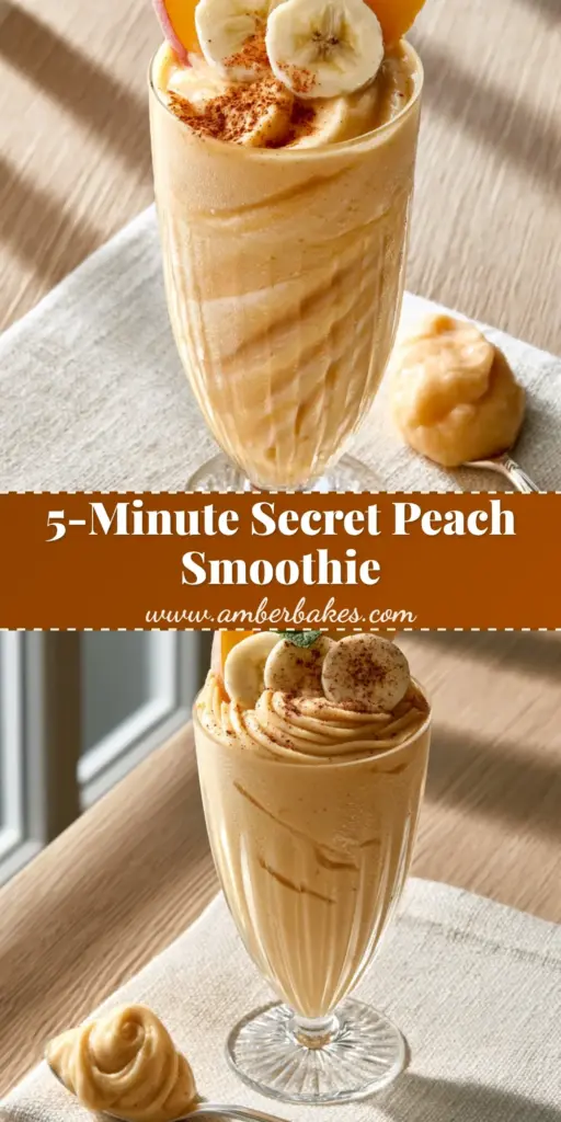 A tall ribbed glass of ultra-thick pale-orange Banana Peach Smoothie with peach fans and banana rounds on top.
