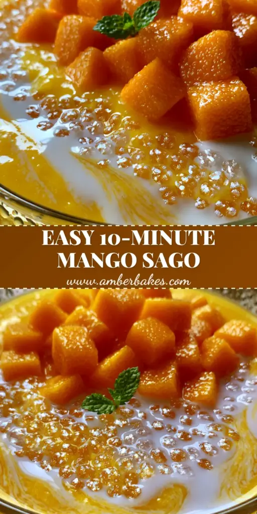 A clear glass bowl featuring vibrant Mango sago with shimmering pearls, coconut swirls, and orange mango cubes.