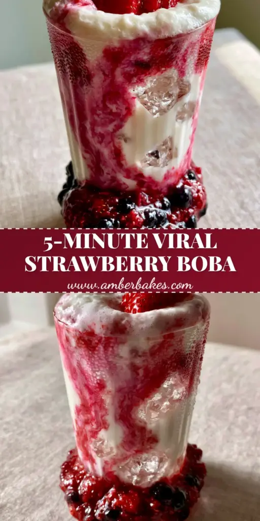 A tall ribbed glass filled with strawberry boba featuring vibrant pink marbled swirls, glossy black pearls, and velvety white milk foam crown. (strawberry boba)