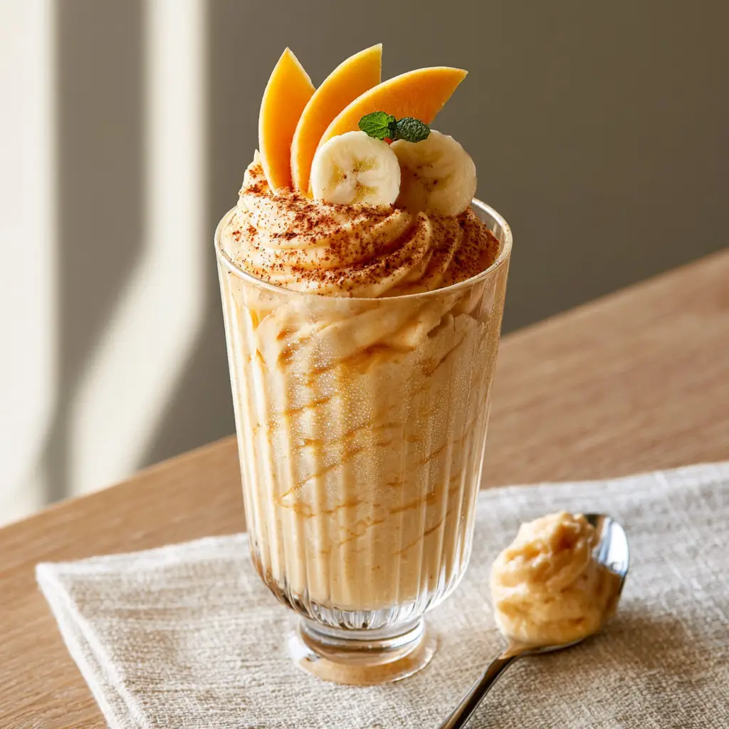 Close up of a silver spoon holding a thick dollop of Banana Peach Smoothie next to a ribbed glass.