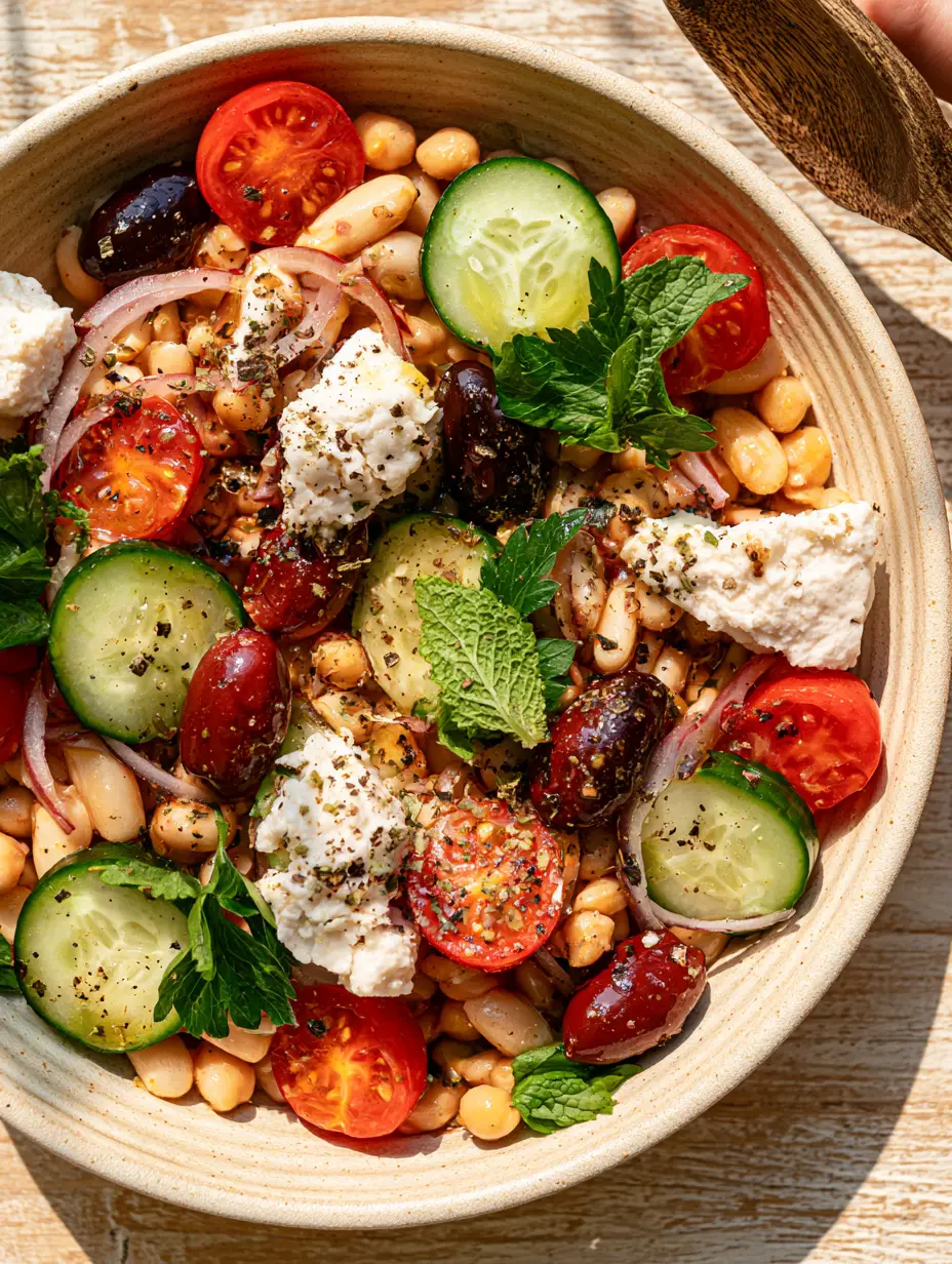Close-up of Greek bean salad with glossy kalamata olives, vegan feta, and thick-cut English cucumbers.