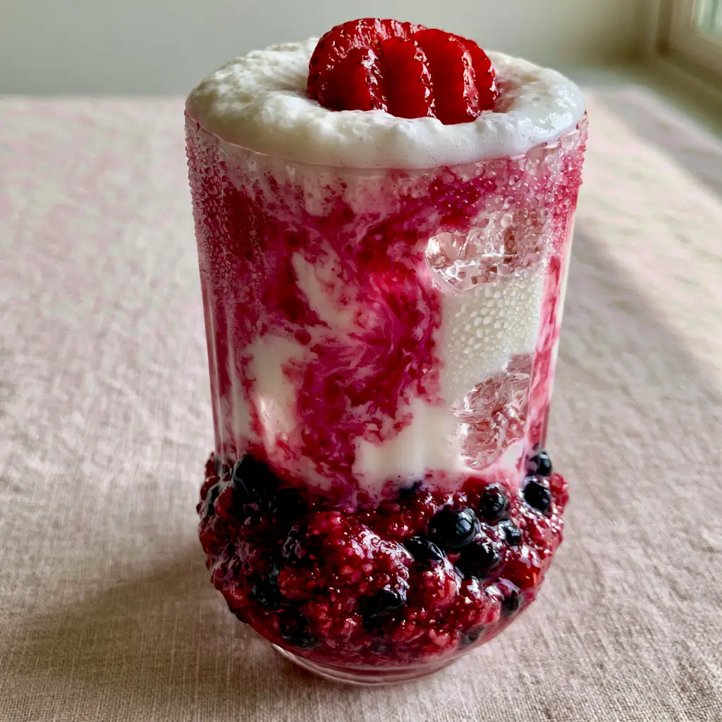 Extreme close-up of chunky crimson strawberry reduction mixing with opaque whole milk in a ribbed glass. (strawberry boba)