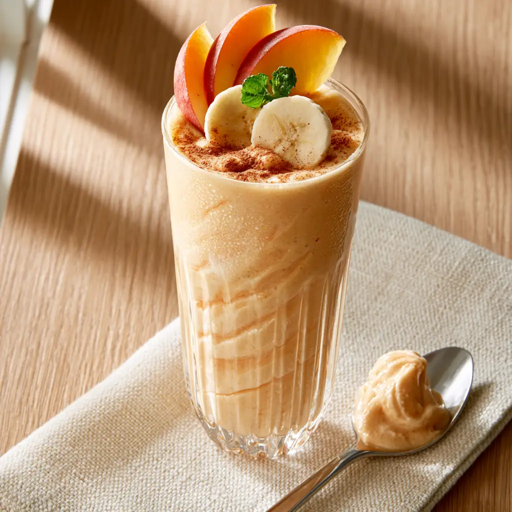 Morning sunlight hitting a pale-orange Banana Peach Smoothie with visible fruit fanning and condensation.