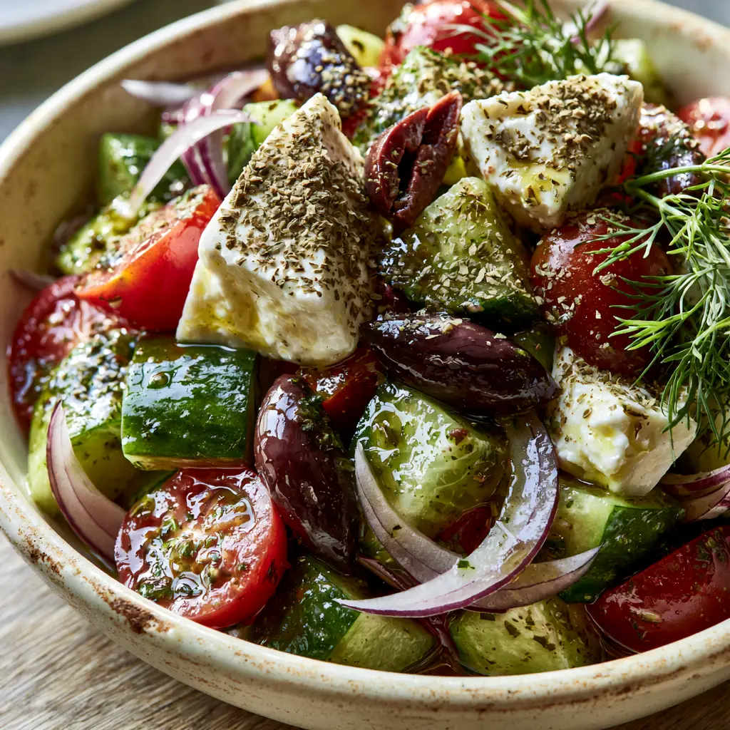 Hand-crumbled large feta blocks dusted with dried oregano atop a colorful Greek cucumber salad.