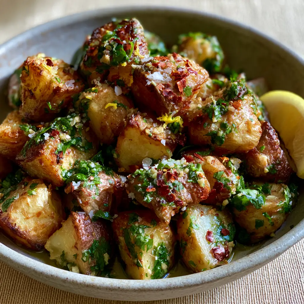 Golden-brown cubed Lebanese spicy potatoes glistening with olive oil and garnished with fresh cilantro and lemon zest.