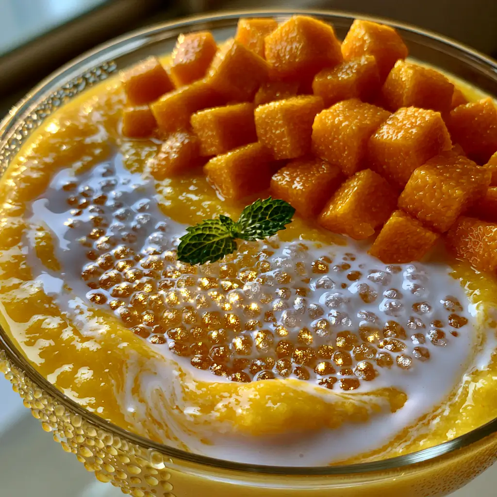Close up of shimmering sago pearls submerged in mango puree (Mango sago).
