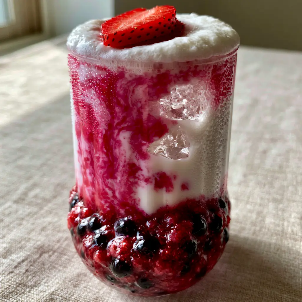 Top down high-angle view of velvety cold milk foam and a fresh strawberry slice garnish on a boba drink. (strawberry boba)